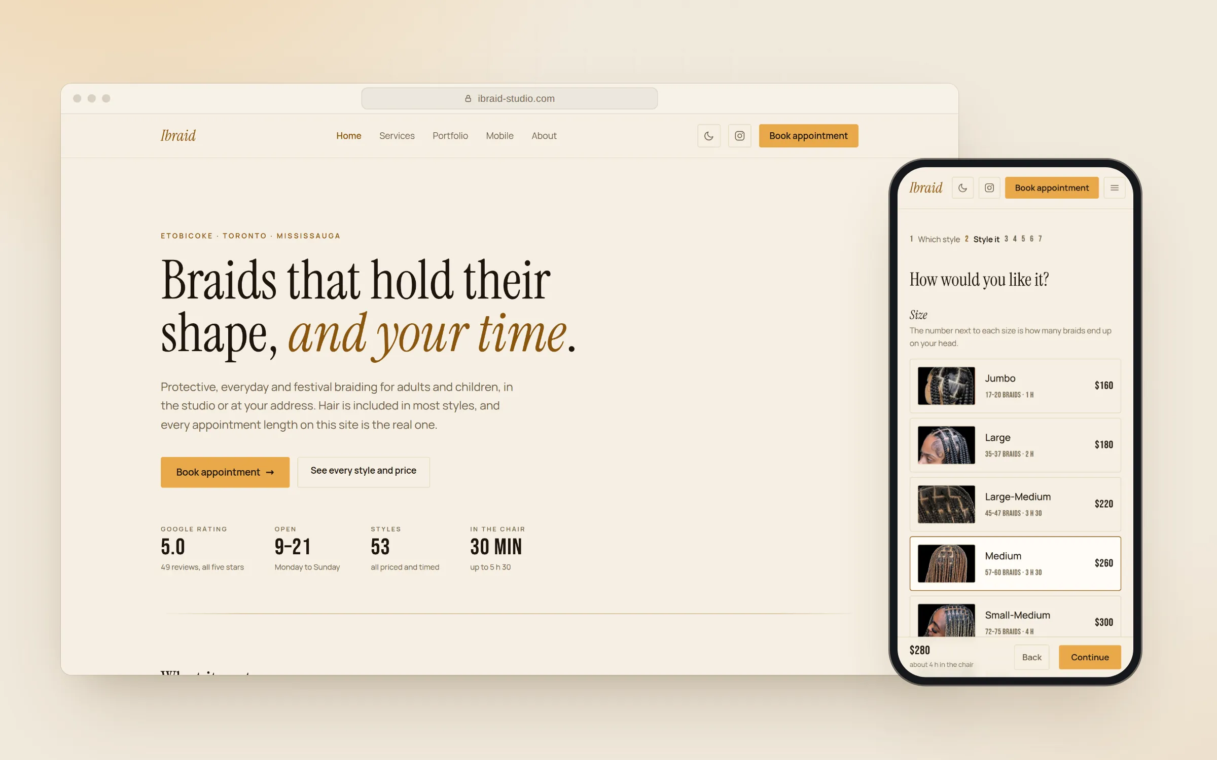 The iBraid Studio website and booking flow on a laptop and a phone